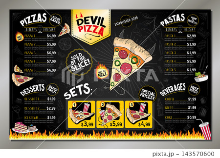 Classic Retro Spicy Devil Pizza Restaurant Table Menu Card Plamat Template - 17x11 in Ledger Format - vector illustration Classic Retro Spicy Devil Pizza Restaurant Table Menu Card Plamat Template - 17x11 in Ledger Format - vector illustration 143570600