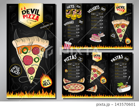 Classic Retro Spicy Devil Pizza Restaurant Menu Card Trifold Flyer Template - 17x11 in Ledger Tri-Fold - vector illustration Classic Retro Spicy Devil Pizza Restaurant Menu Card Trifold Flyer Template - 17x11 in Ledger Tri-Fold - vector illustration 143570601