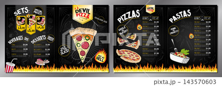 Classic Retro Spicy Devil Pizza Restaurant Menu Card Template - Ledger 11x17 in Folded to US Letter 8.5x11 in - vector illustration Classic Retro Spicy Devil Pizza Restaurant Menu Card Template - Ledger 11x17 in Folded to US Letter 8.5x11 in - vector illustration 143570603
