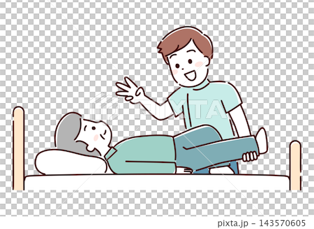 ベッド上でリハビリテーションを受けるシニア男性 手描き風 ベッド上でリハビリテーションを受けるシニア男性 手描き風 143570605