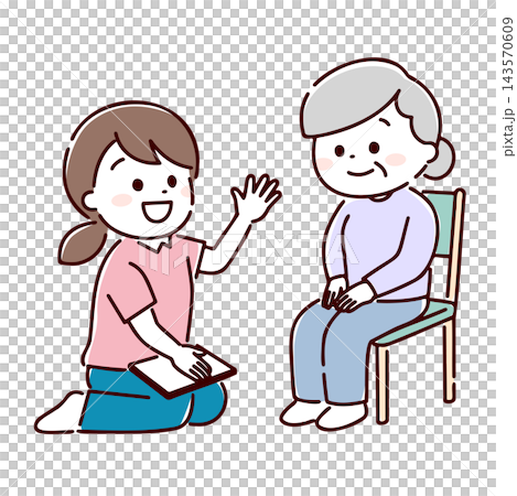 A female staff member explaining something to a senior woman (hand-drawn style) 143570609