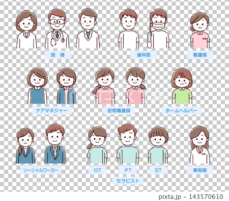 A set of illustrations of healthcare professionals supporting home-based medical care (hand-drawn style). A set of illustrations of healthcare professionals supporting home-based medical care (hand-drawn style). 143570610
