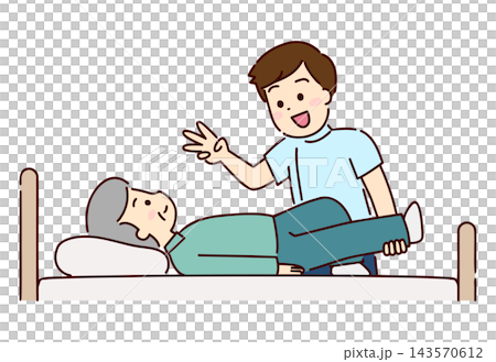 Senior man receiving rehabilitation in bed Senior man receiving rehabilitation in bed 143570612