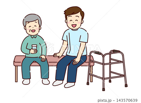 ベンチで休憩をしているシニア男性とセラピスト ベンチで休憩をしているシニア男性とセラピスト 143570639