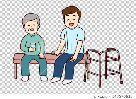 ベンチで休憩をしているシニア男性とセラピスト ベンチで休憩をしているシニア男性とセラピスト 143570639