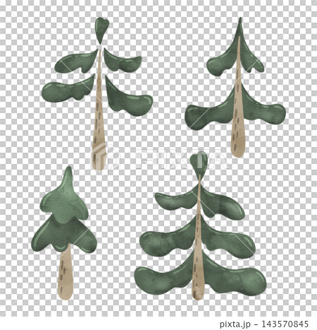Set of Cute cartoon evergreen trees. Spruce with green needles. Hand drawn watercolor fir illustration for kids, baby, nursery, card, pattern. Bright stylized wonderland forest. Set of Cute cartoon evergreen trees. Spruce with green needles. Hand drawn watercolor fir illustration for kids, baby, nursery, card, pattern. Bright stylized wonderland forest. 143570845