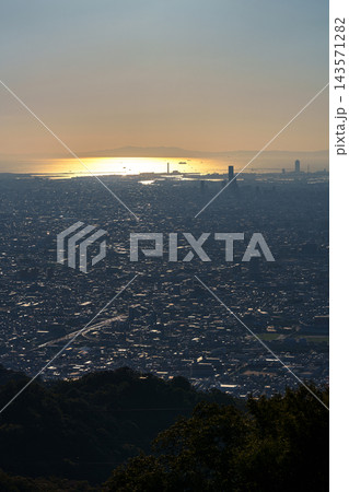 秋の生駒山上102mmで描く近景の山と黄金色に輝く大阪湾 143571282