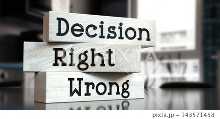 Decision, right, wrong - words on wooden blocks - 3D illustration 143571458