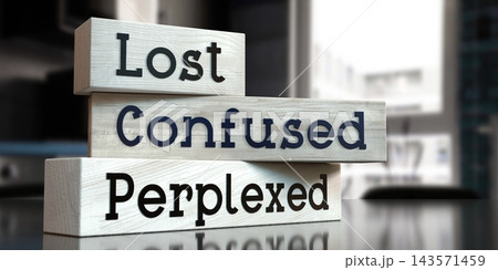 Lost, confused, perplexed - words on wooden blocks - 3D illustration 143571459