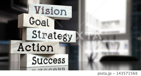 Vision, goal, strategy, action, success - words on wooden blocks - 3D illustration Vision, goal, strategy, action, success - words on wooden blocks - 3D illustration 143571568