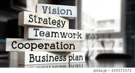 Vision, strategy, teamwork, cooperation, business plan - words on wooden blocks - 3D illustration 143571571