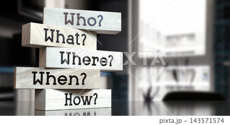 Who, what, where, when, how - words on wooden blocks - 3D illustration Who, what, where, when, how - words on wooden blocks - 3D illustration 143571574