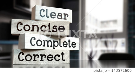 Clear, concise, complete, correct - words on wooden blocks - 3D illustration 143571600
