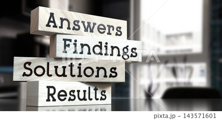 Answers, findings, solutions, results - words on wooden blocks - 3D illustration Answers, findings, solutions, results - words on wooden blocks - 3D illustration 143571601