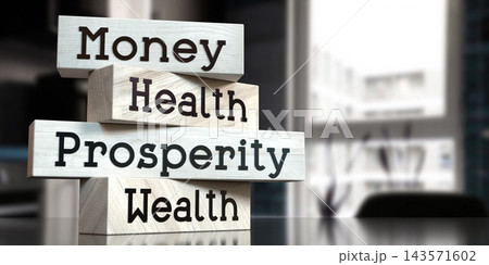 Money, health, prosperity, wealth - words on wooden blocks - 3D illustration 143571602