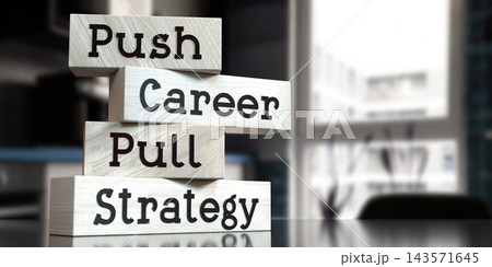 Push vs pull strategy - words on wooden blocks - 3D illustration Push vs pull strategy - words on wooden blocks - 3D illustration 143571645