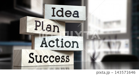 Idea, plan, action, success - words on wooden blocks - 3D illustration Idea, plan, action, success - words on wooden blocks - 3D illustration 143571646