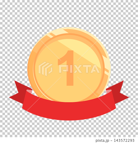 A flat illustration of a gold medal with the number 1 drawn on it, with a red ribbon crossing it. A flat illustration of a gold medal with the number 1 drawn on it, with a red ribbon crossing it. 143572293