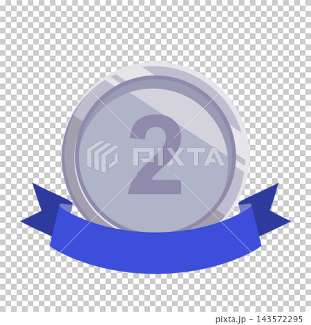 A flat illustration of a silver medal with the number 2 drawn on it, with a blue ribbon crossing it. A flat illustration of a silver medal with the number 2 drawn on it, with a blue ribbon crossing it. 143572295
