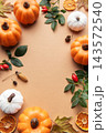 Autumn harvest festival flat lay with pumpkins and leaves 143572540