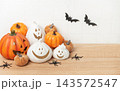 Halloween pumpkins with bats and spiders decoration 143572547
