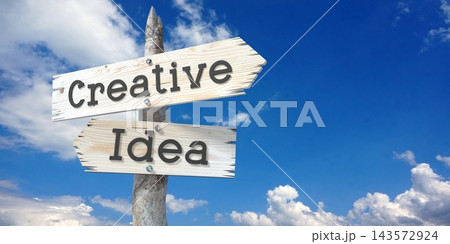 Creative idea - wooden signpost with two arrows Creative idea - wooden signpost with two arrows 143572924