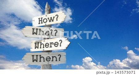 How, what, where, when - wooden signpost with four arrows 143573071