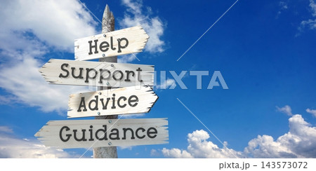 Help, support, advice, guidance - wooden signpost with four arrows Help, support, advice, guidance - wooden signpost with four arrows 143573072