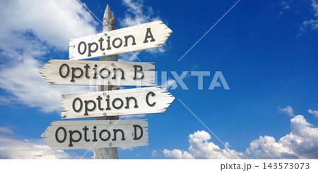 Options A, B, C, D - wooden signpost with four arrows 143573073
