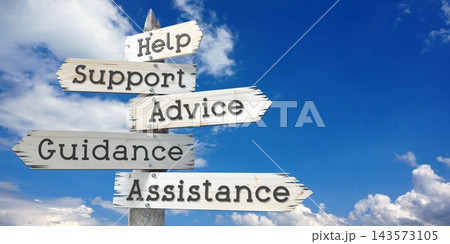 Help, support, advice, guidance, assistance - wooden signpost with five arrows 143573105