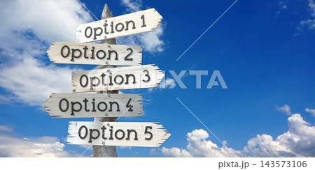 Option 1, 2, 3, 4, 5 - wooden signpost with five arrows 143573106