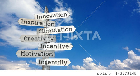 Innovation, inspiration, stimulation, creativity, incentive, motivation, ingenuity - wooden signpost with many arrows Innovation, inspiration, stimulation, creativity, incentive, motivation, ingenuity - wooden signpost with many arrows 143573149