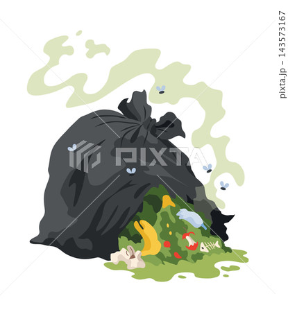 Garbage or waste icon. Metal garbage container with unsorted trash. Rubbish that smells ugly and started to decompose. Ecology and environment concept. Isolated on white background. Garbage or waste icon. Metal garbage container with unsorted trash. Rubbish that smells ugly and started to decompose. Ecology and environment concept. Isolated on white background. 143573167