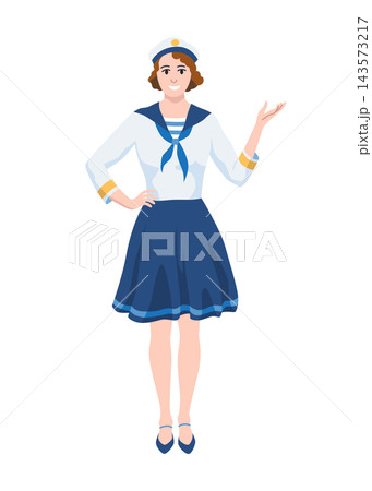 Smiling sailor woman sailor uniform skirt with raised hand gesture on white background full body art poster 143573217