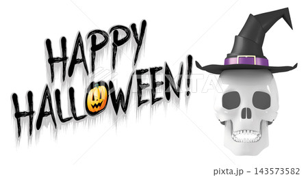Happy Halloween - banner with a skull wearing witch hat Happy Halloween - banner with a skull wearing witch hat 143573582
