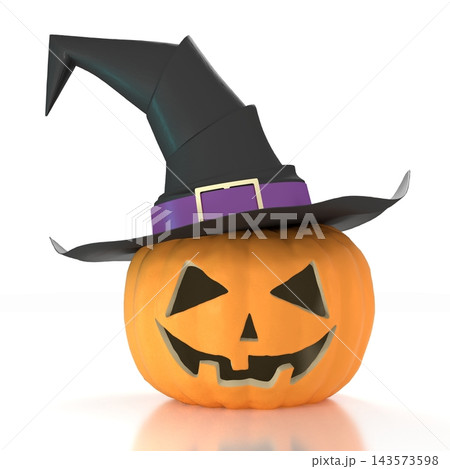 Halloween pumpkin wearing witch hat - isolated on white background Halloween pumpkin wearing witch hat - isolated on white background 143573598