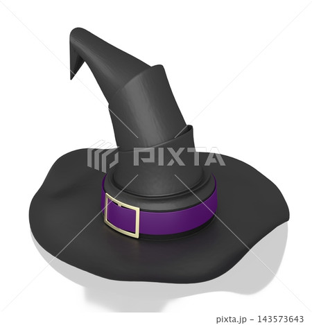 3D black witch hat with violet ribbon - isolated on white background 143573643