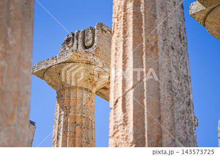 Ancient columns standing in Temple of Aphaia ruins on Aegina island 143573725