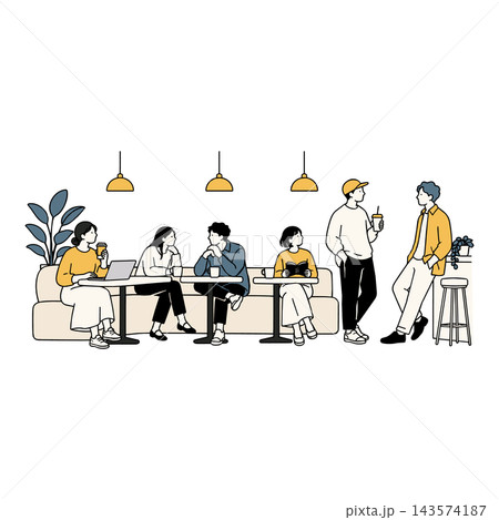 カフェで読書や会話、パソコン作業を楽しむ人々のシンプルな線画イラスト カフェで読書や会話、パソコン作業を楽しむ人々のシンプルな線画イラスト 143574187