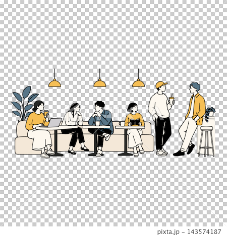 カフェで読書や会話、パソコン作業を楽しむ人々のシンプルな線画イラスト カフェで読書や会話、パソコン作業を楽しむ人々のシンプルな線画イラスト 143574187