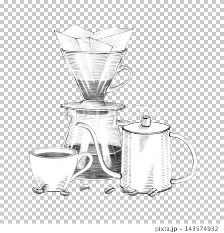Pour over V60 dripper, gooseneck kettle, glass server, cup, and coffee beans. Alternative coffee brewing method concept. Hand-drawn graphite pencil sketch. Vintage engraving style isolated on white Pour over V60 dripper, gooseneck kettle, glass server, cup, and coffee beans. Alternative coffee brewing method concept. Hand-drawn graphite pencil sketch. Vintage engraving style isolated on white 143574932