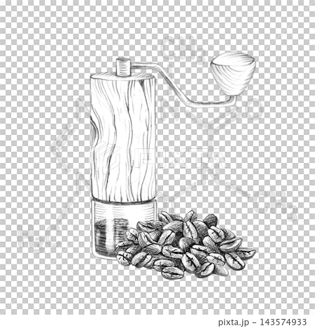 Hand drawn illustration manual coffee grinder, pile of roasted beans and caffeine chemical formula. Graphite Pencil sketch science and coffee brewing vintage composition isolated on white background Hand drawn illustration manual coffee grinder, pile of roasted beans and caffeine chemical formula. Graphite Pencil sketch science and coffee brewing vintage composition isolated on white background 143574933