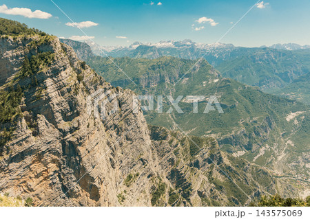 Dramatic Mountain Cliff Overlooking Expansive Green Canyon Landscape Under Clear Blue Sky Dramatic Mountain Cliff Overlooking Expansive Green Canyon Landscape Under Clear Blue Sky 143575069