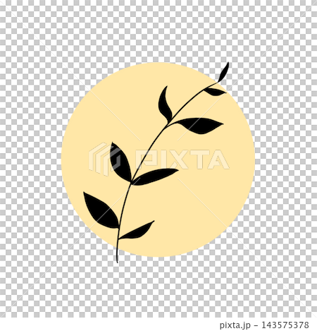 Botanical branch and leaf silhouette icon (yellow circular background) 143575378