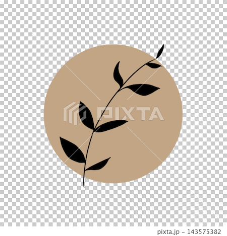Botanical silhouette icon of branches and leaves (beige circular background) 143575382