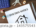 Eviction Notice document with keys toy houses and calculator on wooden desk, real estate and tenant law concept 143575543