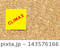 Yellow note paper with word climax on cork board background with copy space 143576166