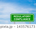 Green color transportation sign with word regulatory compliance on blue sky with white cloud background 143576173