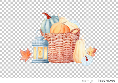Wicker basket full of pumpkins, glowing blue lantern and red maple leaves autumn watercolor isolated illustration. Hand drawn cozy seasonal clipart in bright colors for Thanksgiving and fall decor. 143576299