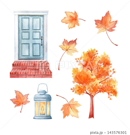Blue front door, fall tree, lantern and maple leaves autumn watercolor isolated illustration set. Hand drawn seasonal bright clipart for Thanksgiving and cozy home decor. Realistic detailed drawing. 143576301